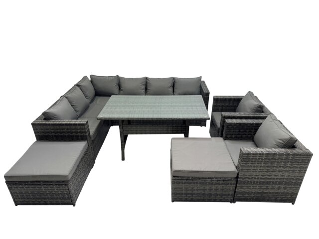 Rackhams Outdoor PE Rattan Sofa Set with Dining Table Patio Garden Furniture Sets with 2 Big Stool Dark Grey Mixed - image 1