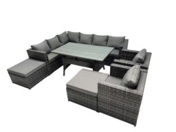 Rackhams Outdoor PE Rattan Sofa Set with Dining Table Patio Garden Furniture Sets with 2 Big Stool Dark Grey Mixed - thumbnail 2