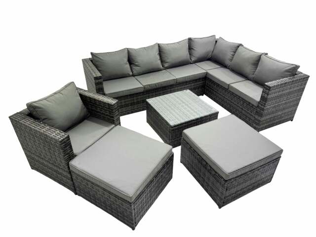 Rackhams Outdoor PE Rattan Garden Furniture Sofa Set with Square Coffee Table Chair 2 Big Stools Dark Grey - image 1