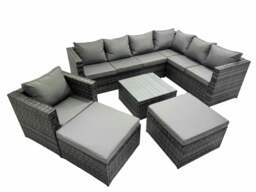 Rackhams Outdoor PE Rattan Garden Furniture Sofa Set with Square Coffee Table Chair 2 Big Stools Dark Grey - thumbnail 1