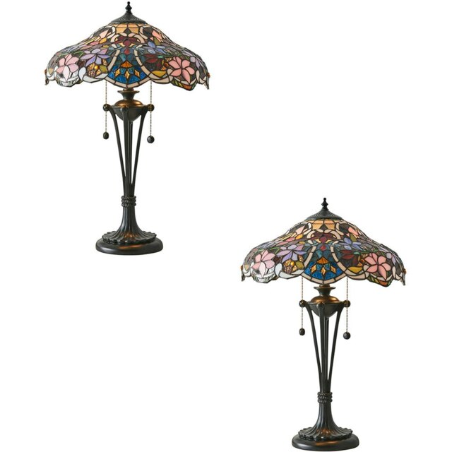 Rackhams 2 PACK Floral Tiffany Glass Design Table Lamp Light - Dark Bronze Lampholder