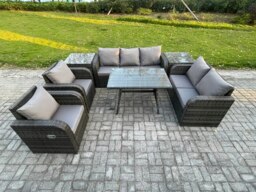 Rackhams 7 Seater High Back PE Rattan Sofa Set Outdoor Garden Furniture Dining Table Set With Reclining Chair 3 Seater Sofa Love Sofa 2 Side Tables - thumbnail 1