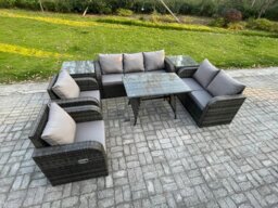 Rackhams 7 Seater High Back PE Rattan Sofa Set Outdoor Garden Furniture Dining Table Set With Reclining Chair 3 Seater Sofa Love Sofa 2 Side Tables - thumbnail 2