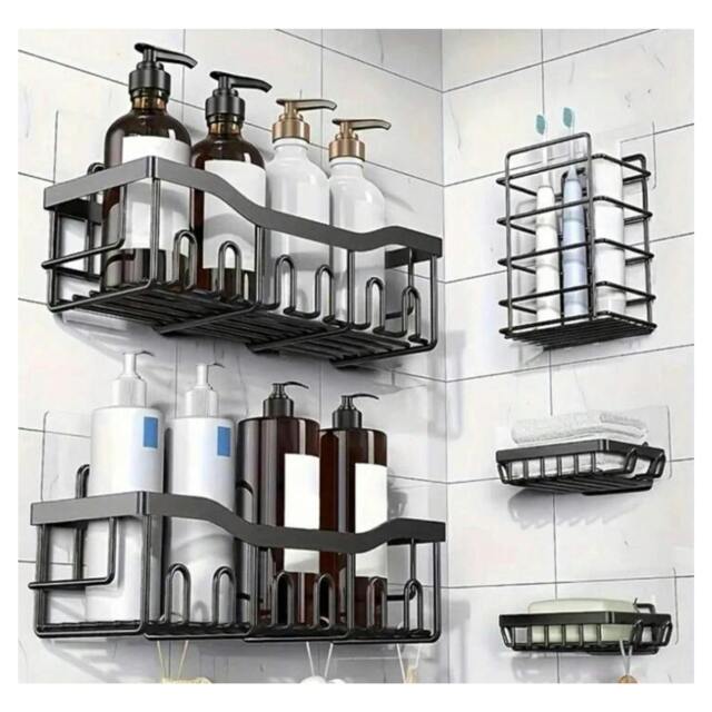 Rackhams 5-Piece Rustproof Shower Caddy Set with No-Drill Bathroom Organisation System - One Size - Steel - Black - image 1
