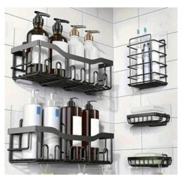 Rackhams 5-Piece Rustproof Shower Caddy Set with No-Drill Bathroom Organisation System - One Size - Steel - Black - thumbnail 2