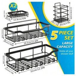 Rackhams 5-Piece Rustproof Shower Caddy Set with No-Drill Bathroom Organisation System - One Size - Steel - Black - thumbnail 4