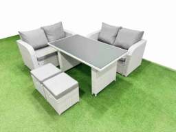 Rackhams 5 Pieces Outdoor PE Rattan Sofa Set Patio Garden Furniture Sets with Cushions 2 Small Stools Light Grey