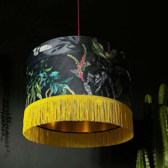 "Rackhams Handmade Fringed Velvet Lampshade with Gold Lining in Carbon - Table / Floor Lamp - 50cm diameter x 25cm Height (20"" x 10"")" - image 1