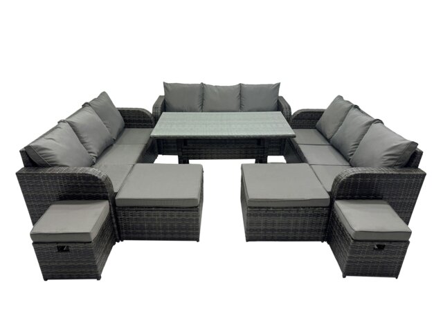 Rackhams 13 Seater Garden Outdoor Rattan Furniture Set Rattan Sofa Oblong Dining Table with 4 Footstools Dark Grey - image 1