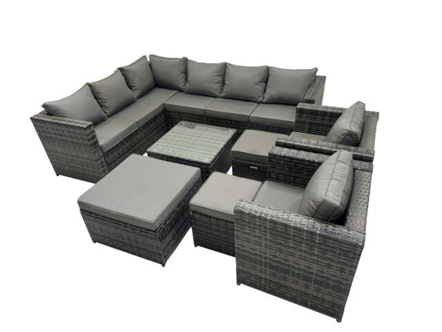 Rackhams Rattan Garden Furniture Patio Furniture Sets with Corner Sofa 2 Chairs Square Coffee Table 3 Footstools Dark Grey Mixed - image 1
