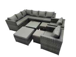 Rackhams Rattan Garden Furniture Patio Furniture Sets with Corner Sofa 2 Chairs Square Coffee Table 3 Footstools Dark Grey Mixed - thumbnail 1