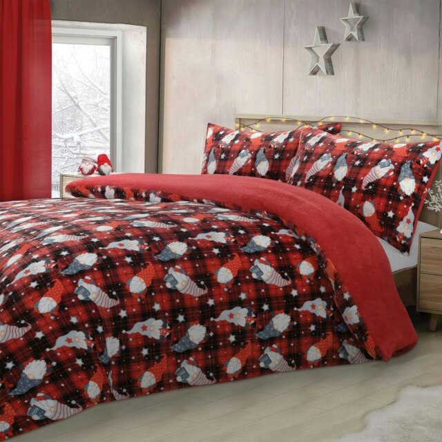 Rackhams Gonks Check Flannel Printed Cotton Blend Duvet Cover and Pillowcase Set - Red - King - image 1
