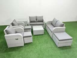 Rackhams 9 Seater Outdoor Reclining Chair Love Sofa Set Rattan Garden Furniture Set with Square Coffee Table 3 Stools Side Table Light Grey - thumbnail 1