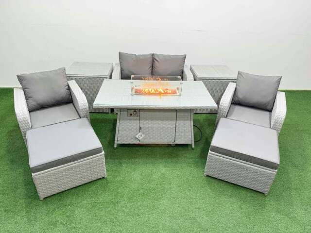 Rackhams Light Grey PE Wicker Rattan Garden Furniture Set Sofa Set Reclining Chair Fire Pit Dining Table 6 Seater 2 Big Stools 2 Side Table - image 1