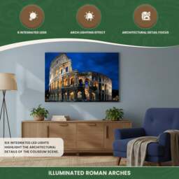Rackhams Roman Coliseum Print LED Canvas, 60 x 40 cm, Stretched Wooden Frame, 6 LED Lights in the Arches, Battery Powered with Switch - thumbnail 4