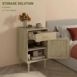 Rackhams Bedside Table, Rattan Side Tables with Drawer, Cabinet and Adjustable Shelf, Boho Bedside Cabinet with Storage, Natural Wood Effect - thumbnail 5