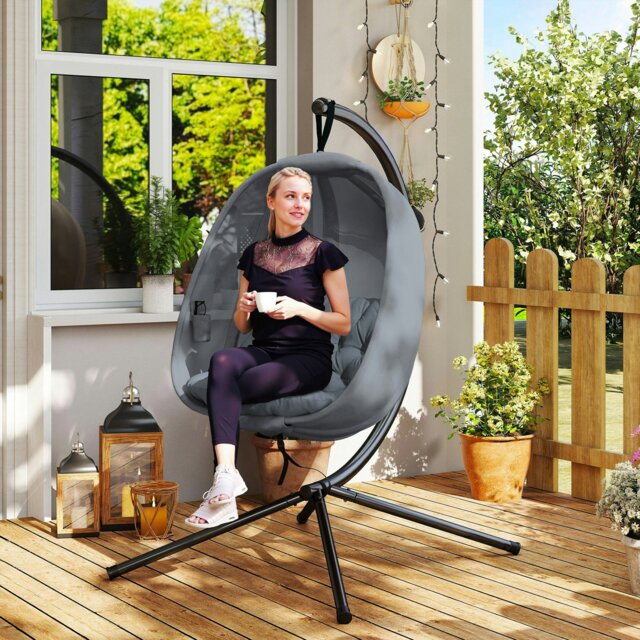 Rackhams Folding Hanging Egg Chair w/ Cushion and Stand for Indoor Outdoor Khaki - Grey - Steel, Mesh, Polyester, PP Cotton - 126cm x 97cm x 172cm - image 1