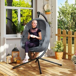 Rackhams Folding Hanging Egg Chair w/ Cushion and Stand for Indoor Outdoor Khaki - Grey - Steel, Mesh, Polyester, PP Cotton - 126cm x 97cm x 172cm - thumbnail 1