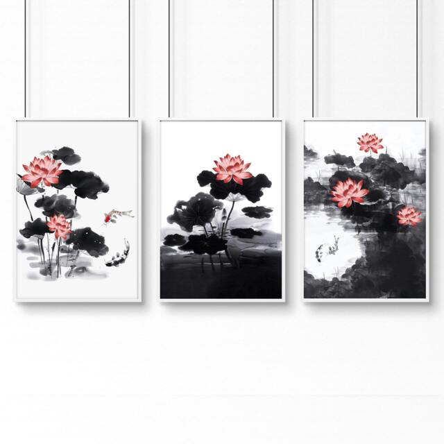 Rackhams Living Room Canvas - Set of 3 Asian Inspired Wall art Prints - A3 11.69 x 16.54 in / 29.7 x 42 cm - Satin Photo paper 280 gsm - White Frame - image 1