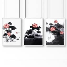 Rackhams Living Room Canvas - Set of 3 Asian Inspired Wall art Prints - A3 11.69 x 16.54 in / 29.7 x 42 cm - Satin Photo paper 280 gsm - White Frame - thumbnail 1