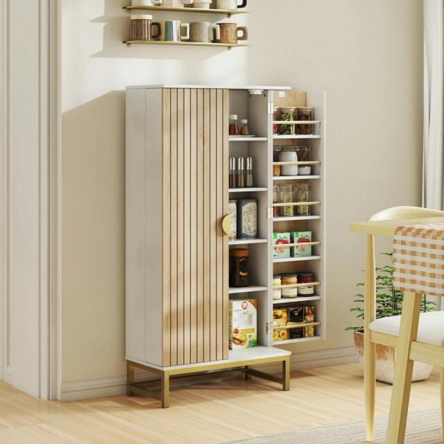 Rackhams Kitchen Cabinet with Double Doors, 5 Tiers, 12 Spice Racks, White - Kitchen Cupboard - Particleboard, Metal - White, Natural Wood, Gold-tone - image 1