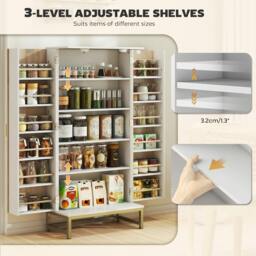 Rackhams Kitchen Cabinet with Double Doors, 5 Tiers, 12 Spice Racks, White - Kitchen Cupboard - Particleboard, Metal - White, Natural Wood, Gold-tone - thumbnail 5