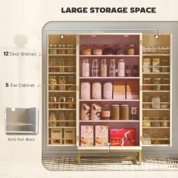 Rackhams Kitchen Cabinet with Double Doors, 5 Tiers, 12 Spice Racks, White - Kitchen Cupboard - Particleboard, Metal - White, Natural Wood, Gold-tone - thumbnail 4