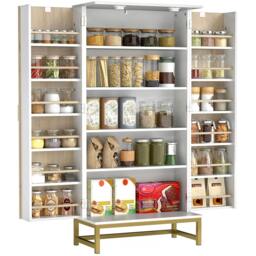 Rackhams Kitchen Cabinet with Double Doors, 5 Tiers, 12 Spice Racks, White - Kitchen Cupboard - Particleboard, Metal - White, Natural Wood, Gold-tone - thumbnail 2
