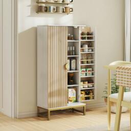 Rackhams Kitchen Cabinet with Double Doors, 5 Tiers, 12 Spice Racks, White - Kitchen Cupboard - Particleboard, Metal - White, Natural Wood, Gold-tone