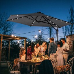 Rackhams 3m Cantilever Garden Umbrella Parasol with Solar LED and Easy Lever with Cross Base and Waterproof Cover, Outdoor Sun Shades - Beige - Dark Grey - Φ290 x 260Hcm - thumbnail 1