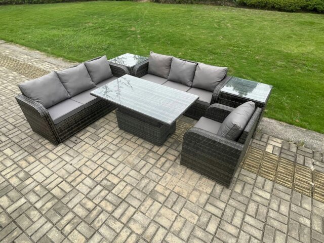 Rackhams Outdoor Rattan Garden Furniture Sets Height Adjustable Rising lifting Dining Table Sofa Set with Reclining Chair 2 Side Tables Dark Grey Mixed - image 1