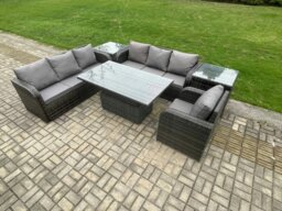 Rackhams Outdoor Rattan Garden Furniture Sets Height Adjustable Rising lifting Dining Table Sofa Set with Reclining Chair 2 Side Tables Dark Grey Mixed - thumbnail 2