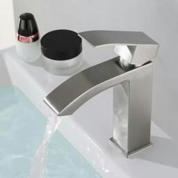 Rackhams Waterfall Chrome Mono Basin Mixer Tap Bathroom Sink Faucet with Waste Set - Silver - Steel - thumbnail 2