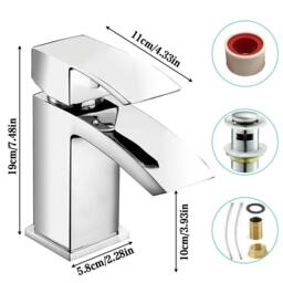 Rackhams Waterfall Chrome Mono Basin Mixer Tap Bathroom Sink Faucet with Waste Set - Silver - Steel - thumbnail 3