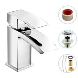 Rackhams Waterfall Chrome Mono Basin Mixer Tap Bathroom Sink Faucet with Waste Set - Silver - Steel - thumbnail 4