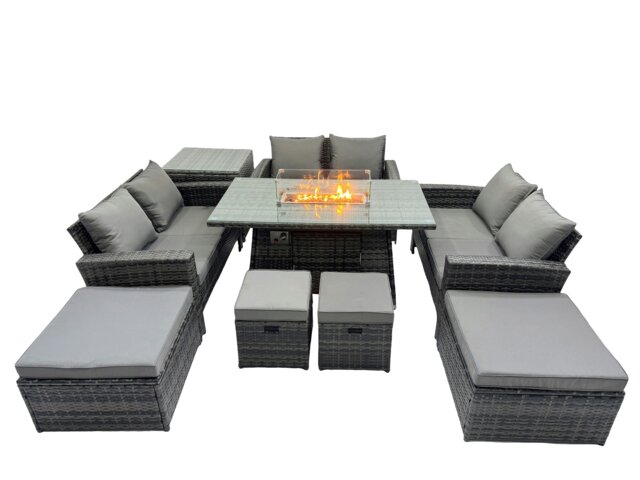 Rackhams Outdoor Love Sofa Set 10 Seat Rattan Garden Furniture Set with Gas Firpit Dining Table 4 Footstools Side Table Dark Grey Mixed - image 1