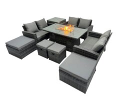 Rackhams Outdoor Love Sofa Set 10 Seat Rattan Garden Furniture Set with Gas Firpit Dining Table 4 Footstools Side Table Dark Grey Mixed - thumbnail 2