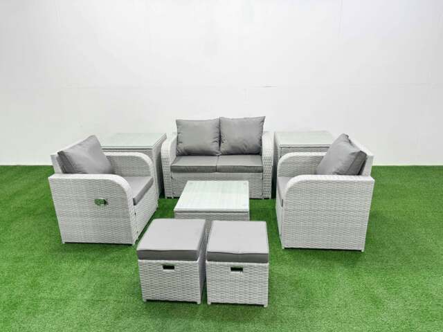 Rackhams Light Grey PE Wicker Rattan Garden Furniture Set Sofa Set Reclining Adjustable Chair Square Coffee Table 6 Seater 2 Small Stools 2 Side Table - image 1