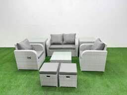 Rackhams Light Grey PE Wicker Rattan Garden Furniture Set Sofa Set Reclining Adjustable Chair Square Coffee Table 6 Seater 2 Small Stools 2 Side Table - thumbnail 1