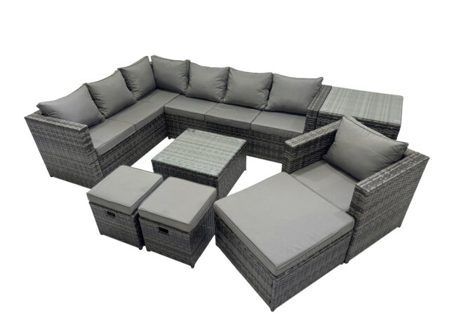 Rackhams Rattan Garden Furniture Patio Furniture Sets with Corner Sofa Chair Square Coffee Table Side Table 3 Footstools Dark Grey Mixed - image 1