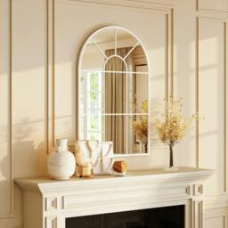 Rackhams Arched Window Wall Mirror for Living Room Bedroom, 91x60cm, White - 91 x 60 x 2 cm - Retro - Painted