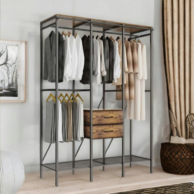 Rackhams Industrial Open Wardrobe Garment Rail With Shelves Rustic Brown - image 1