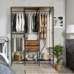 Rackhams Industrial Open Wardrobe Garment Rail With Shelves Rustic Brown - thumbnail 3