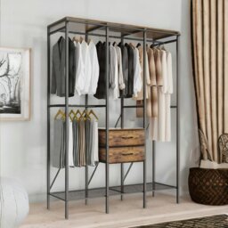 Rackhams Industrial Open Wardrobe Garment Rail With Shelves Rustic Brown - thumbnail 1