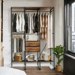Rackhams Industrial Open Wardrobe Garment Rail With Shelves Rustic Brown - thumbnail 4