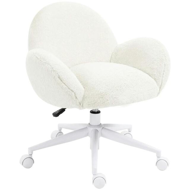 Rackhams Makeup Vanity Chair, Cute Fluffy Desk Chair with Rolling Wheels for Bedroom Living Room, Cream White