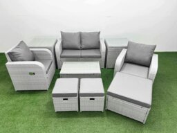 Rackhams 7-Seater Light Grey PE Wicker Rattan Garden Furniture Set - Reclining Adjustable Chair Sofa with Rectangular Coffee Table & 3 Small Stools - thumbnail 1