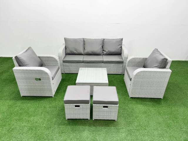 Rackhams PE Rattan Garden Furniture Set Reclining Chair Sofa Lounge Sofa Set Square Coffee Table 2 Small Stools Light Grey - image 1