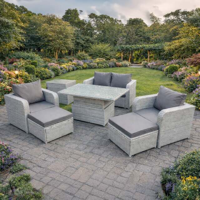 Rackhams 6 Seater PE Rattan Sofa Set with Reclining Chair, Adjustable Coffee/Dining Table, Sofa, 2 Large Footstools, Side Table - Light Grey - image 1