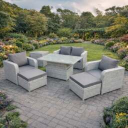 Rackhams 6 Seater PE Rattan Sofa Set with Reclining Chair, Adjustable Coffee/Dining Table, Sofa, 2 Large Footstools, Side Table - Light Grey - thumbnail 1
